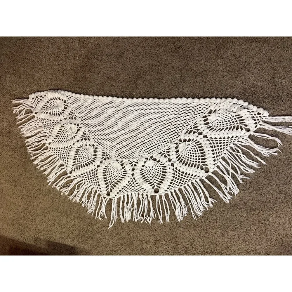 Vintage Pineapple Crochet Shawl Fringe Wrap Ivory Boho Festival One Size - Picture 4 of 16